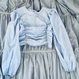 Forever 21 Baby Light Blue Puff Sleeve Ruched Long Sleeve Top